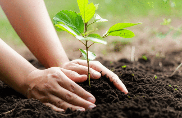 Mãos plantando uma muda de árvore em solo fértil