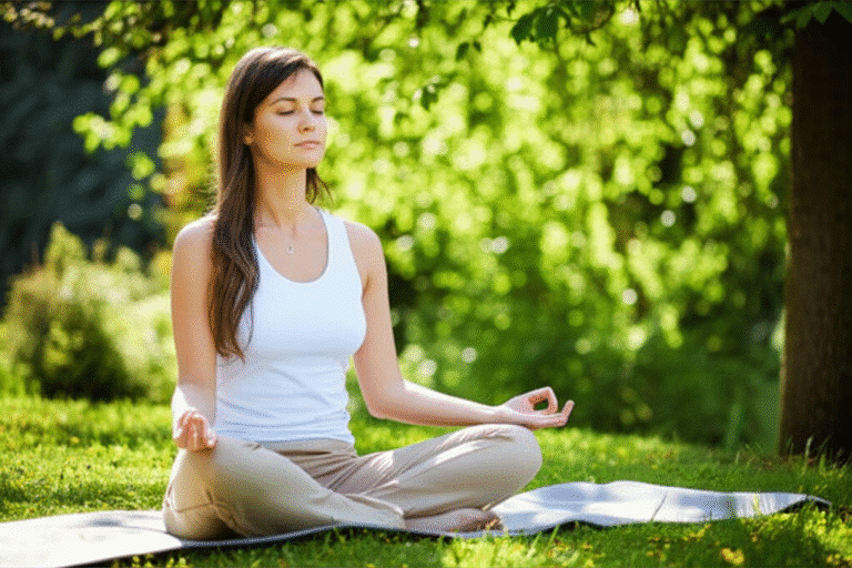 Mulher meditando em posição de lótus em um jardim tranquilo.