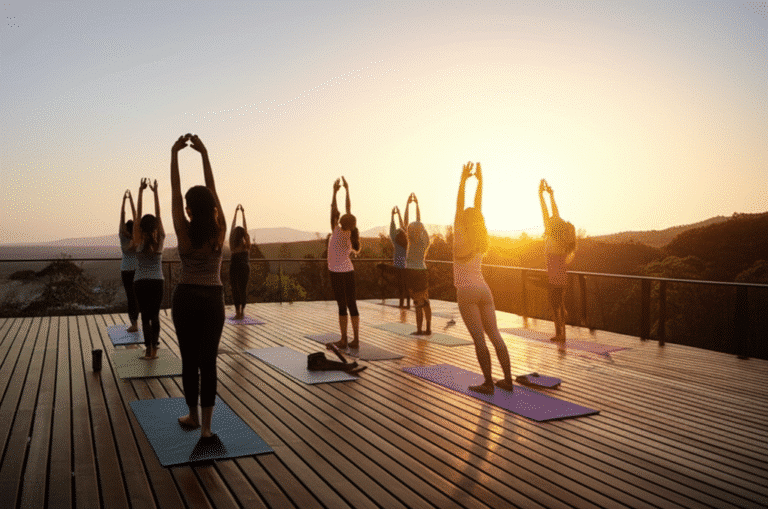 Grupo de pessoas praticando yoga ao ar livre durante o nascer do sol.