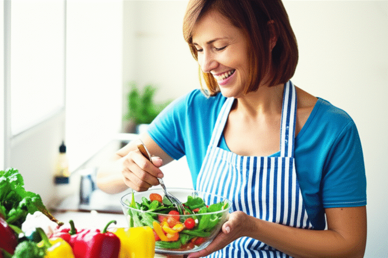 Uma mulher sorrindo enquanto prepara uma salada colorida com ingredientes frescos.