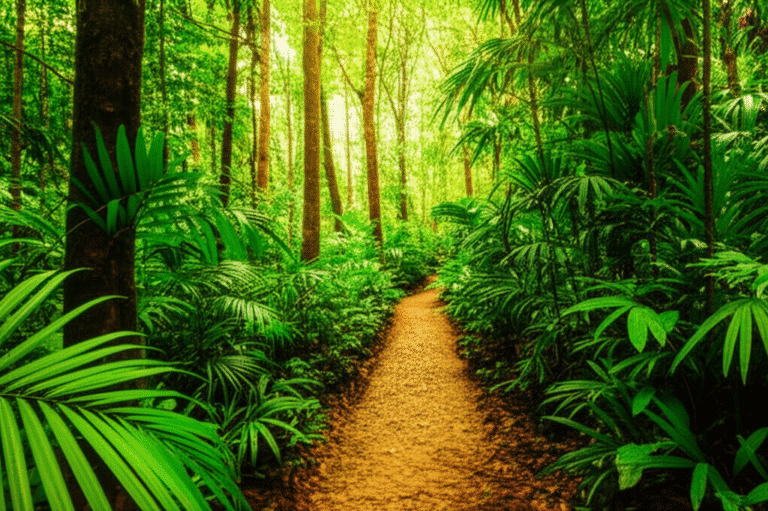 Trilha ecológica em meio à floresta exuberante