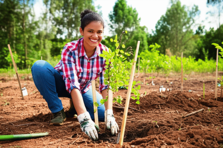 Mulher sorrindo ao plantar uma árvore em área de reflorestamento