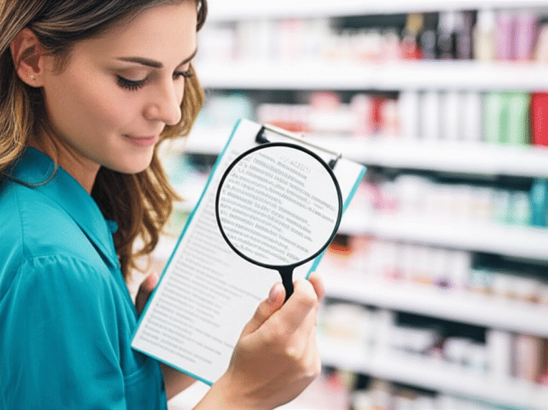 Mulher lendo rótulo de cosmético com lupa