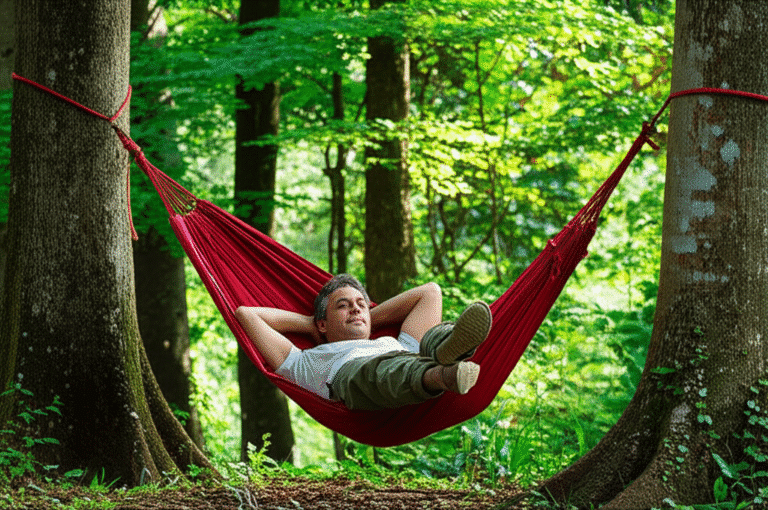 Sono Reparador em Contato com a Natureza Homem dormindo profundamente em uma rede ao ar livre