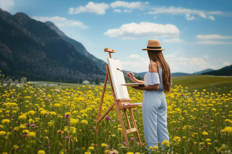Inspiração Criativa na Natureza Artista pintando uma paisagem em um campo florido
