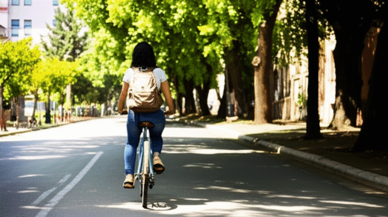 Sustentabilidade: Uma Jornada Contínua Mulher pedalando bicicleta em uma cidade arborizada.