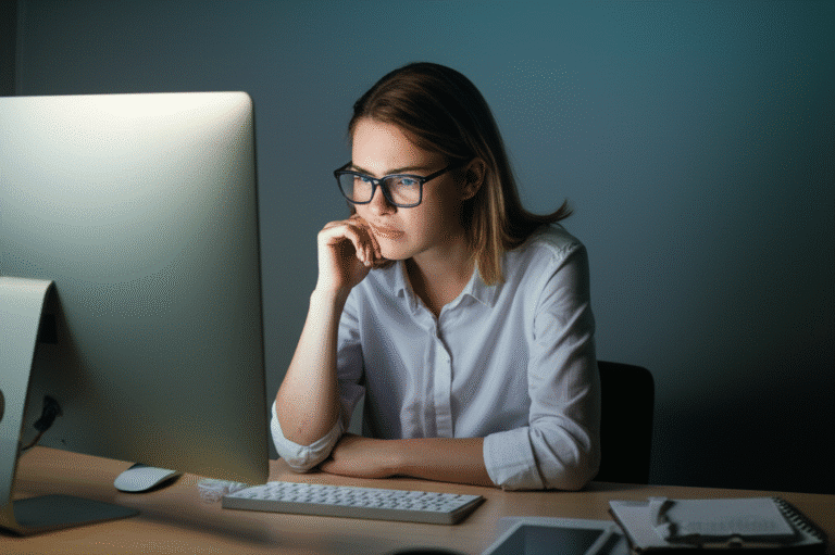 Mulher ansiosa mordendo as unhas em frente ao computador