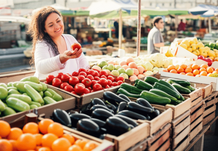 Mulher escolhendo frutas e verduras frescas em feira local
