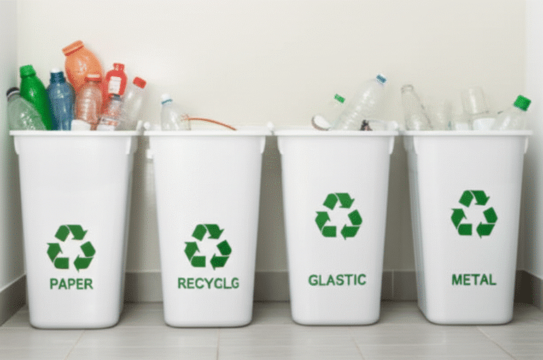 Mãos separando lixo para reciclagem em diferentes cestos
