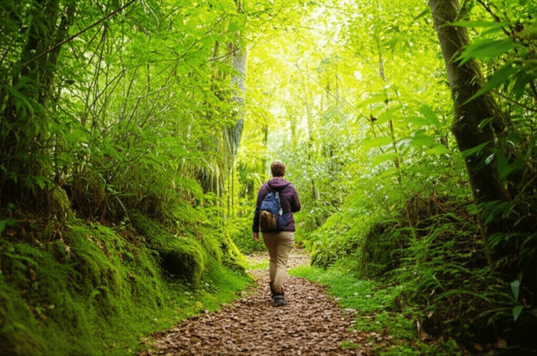 Pessoa caminhando em trilha na floresta