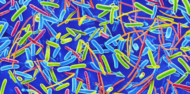 Imagem microscópica da microbiota intestinal saudável e diversificada.