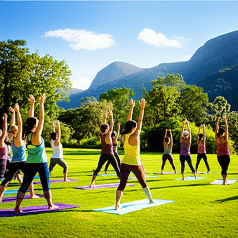 Pessoas praticando yoga ao ar livre em meio à natureza, movimento consciente.