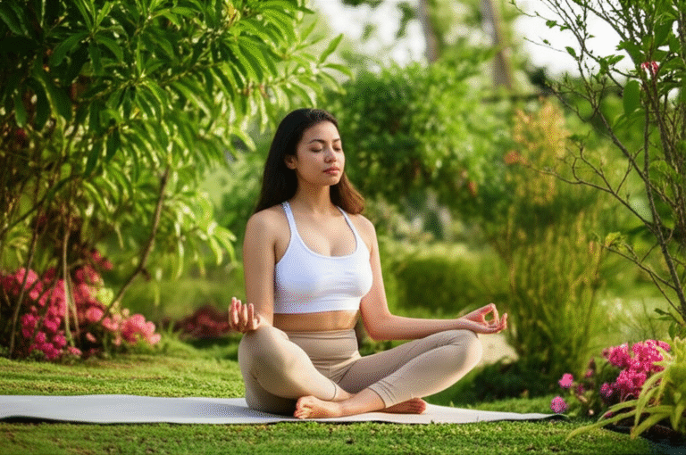 Mindfulness Simplificado Para o Dia a Dia Mulher meditando em posição de lótus ao ar livre