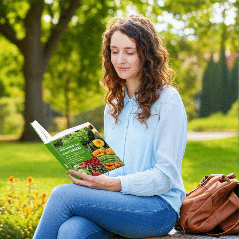 Mulher lendo livro sobre alimentação saudável em meio à natureza