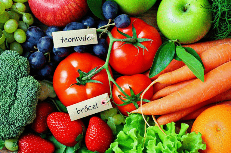 Frutas e vegetais frescos em uma mesa, representando alimentação saudável e natural