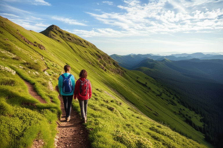 Aventura na Natureza Casal caminhando em uma trilha montanhosa