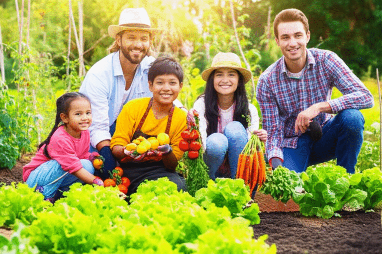 Família colhendo vegetais frescos em sua horta