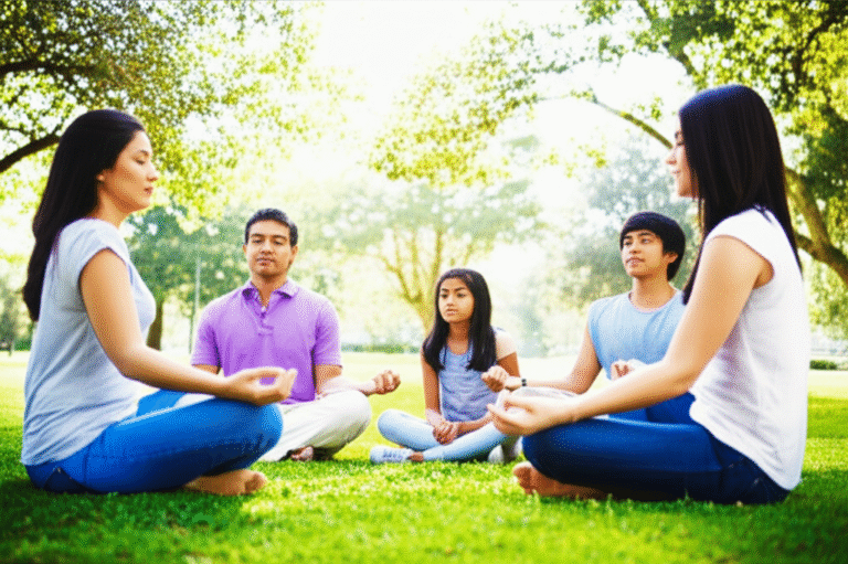 Família meditando junta em um parque ensolarado
