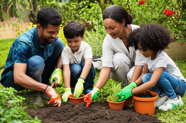 Crianças aprendendo jardinagem com seus pais