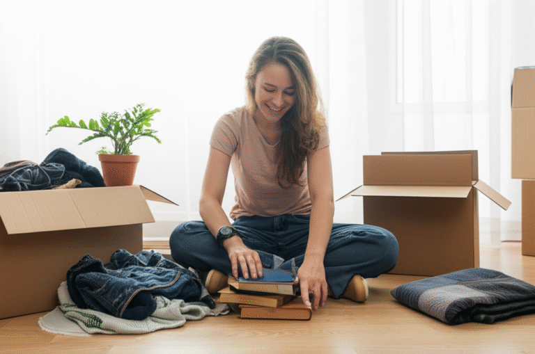Minimalismo e Desapego para a Vida Nômade Mulher sorrindo enquanto organiza seus pertences para a vida nômade