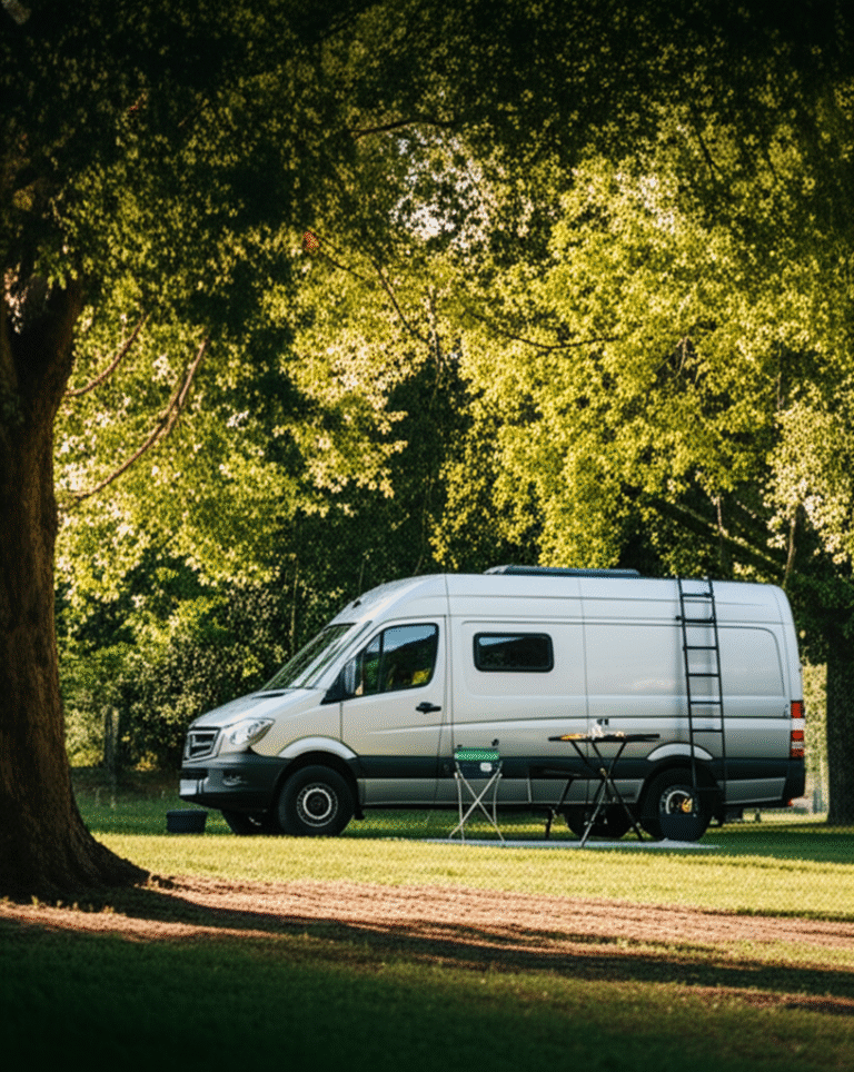 Casa Sobre Rodas Sustentável Van convertida em casa, estacionada em meio à natureza