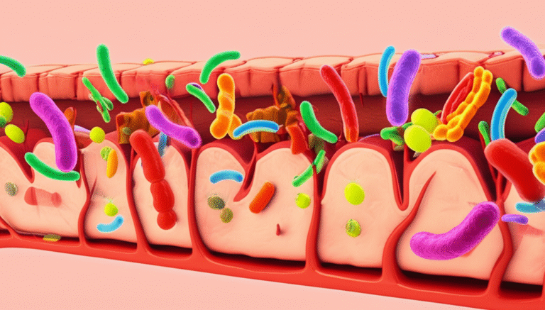 Microbioma da Felicidade Ilustração do intestino mostrando a diversidade de bactérias saudáveis.