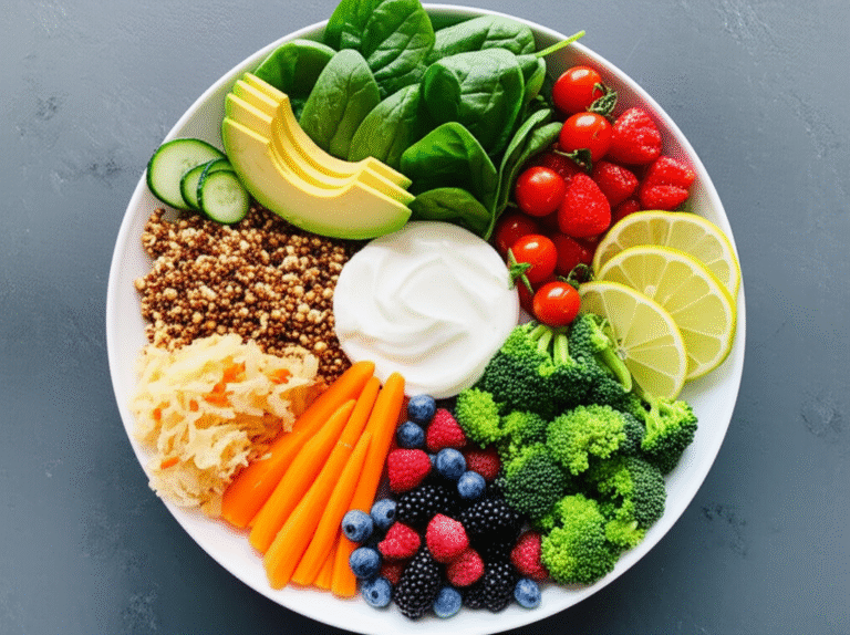 Dieta para um Microbioma Feliz Prato colorido com frutas, verduras e alimentos fermentados.