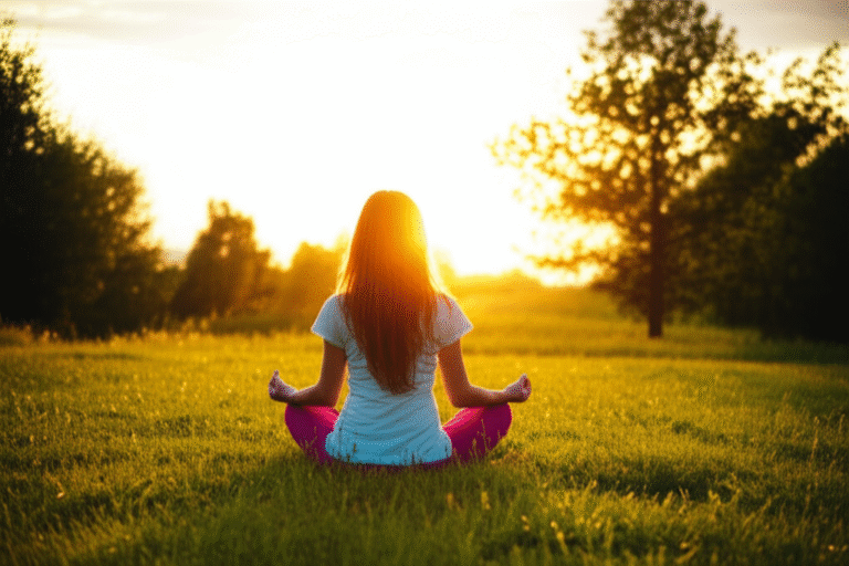 Conectando-se ao Ritmo da Natureza Mulher meditando ao nascer do sol, conectada com a natureza.
