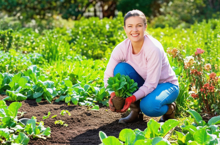Alegria no cultivo orgânico. Mulher sorrindo enquanto planta mudas em um jardim orgânico.