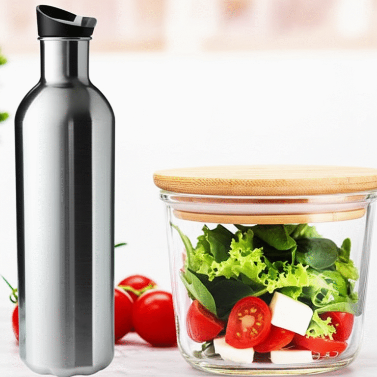 Garrafa de água de aço inoxidável ao lado de recipiente de vidro com alimentos.