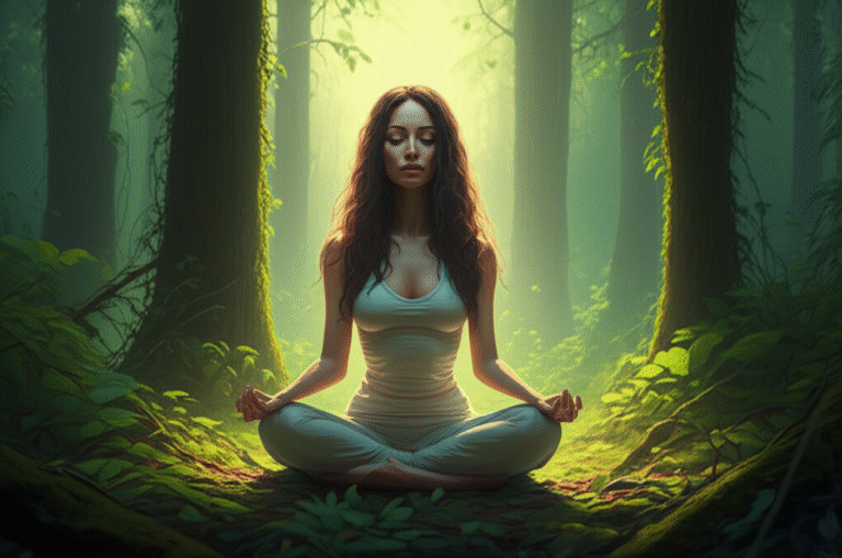 Paz Interior na Natureza Mulher meditando em meio a uma floresta exuberante