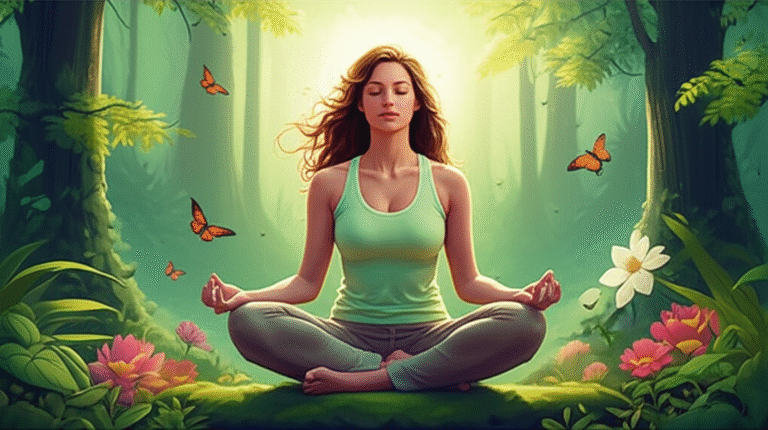 Amor-Próprio e Serenidade Mulher meditando em meio à natureza, irradiando paz e serenidade.