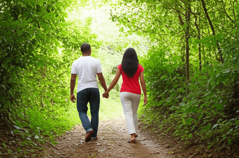 Casal caminhando na natureza sem celulares