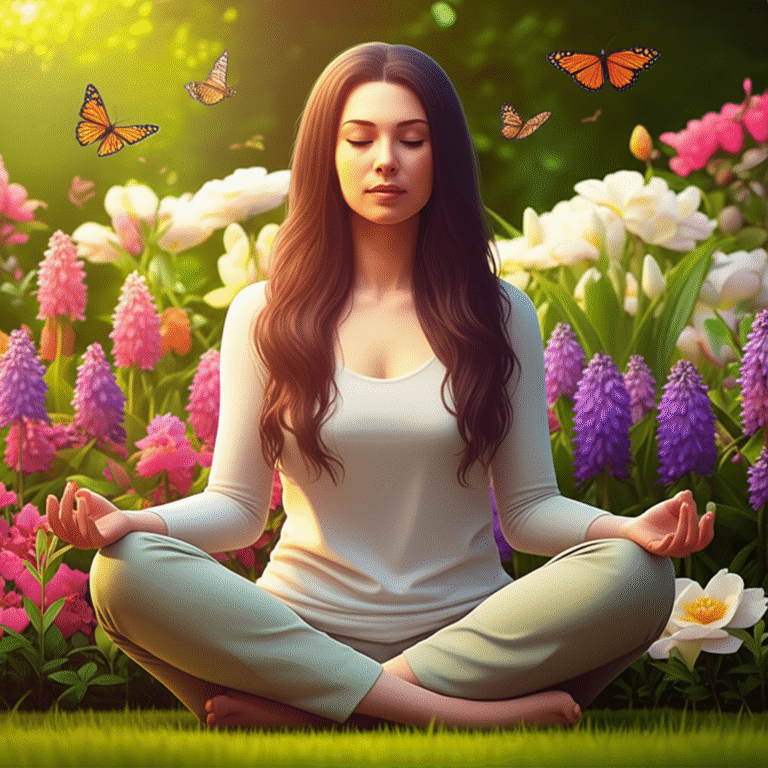Mulher meditando em um jardim