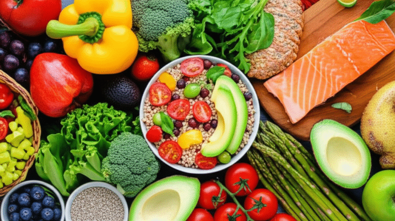 Poder da Nutrição Anti-Inflamatória Variedade de alimentos frescos e coloridos com propriedades anti-inflamatórias.