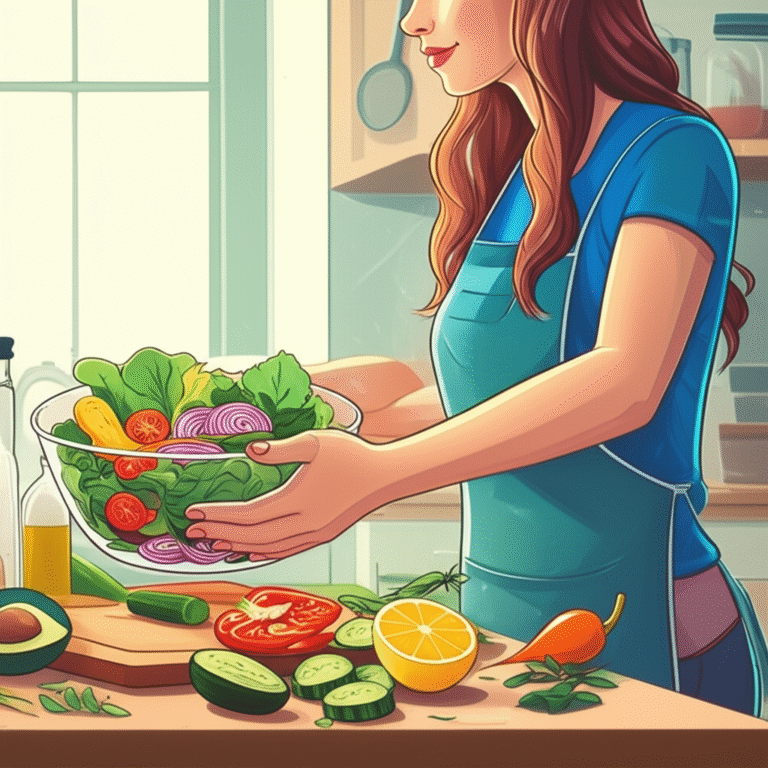 Mulher sorrindo enquanto prepara uma salada colorida com ingredientes frescos.