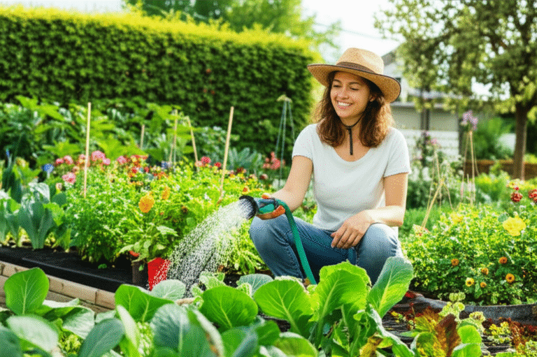 Abundância na Natureza Mulher regando plantas em sua horta orgânica, sorrindo.