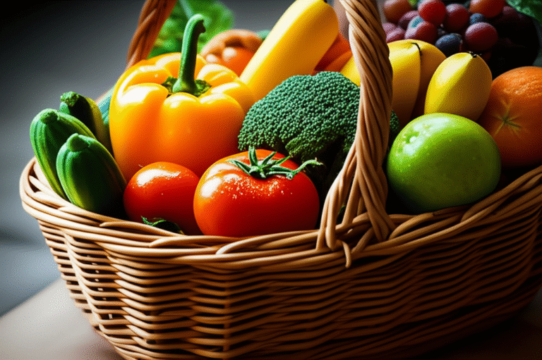 Alimentos frescos e locais: a base de uma vida natural Cesta de compras com frutas e vegetais frescos