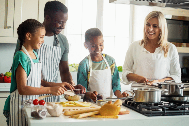 Momentos em família valem mais que perfeição Família feliz cozinhando junta na cozinha