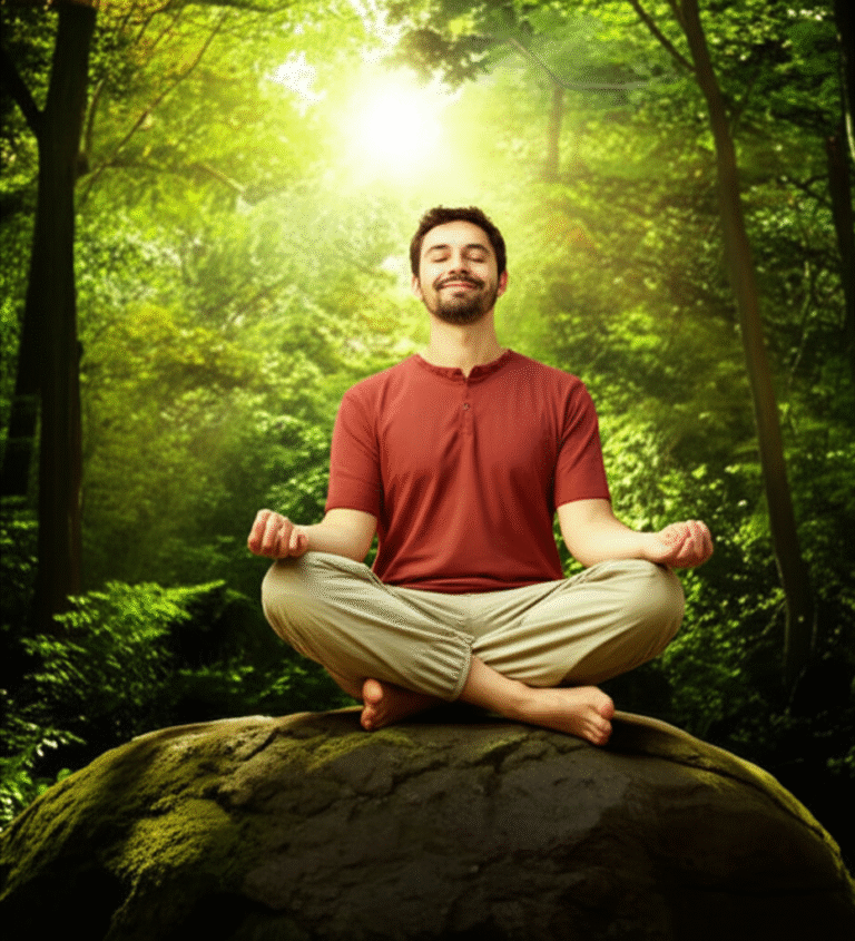Desconexão Digital, Conexão Natural Homem meditando em meio à natureza, sem tecnologia por perto.