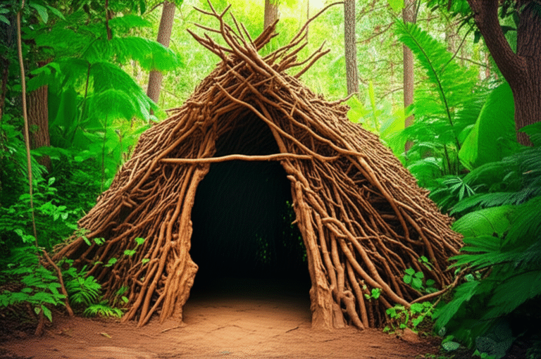 Seu Lar na Natureza Abrigo primitivo construído na floresta, feito de galhos e folhas.