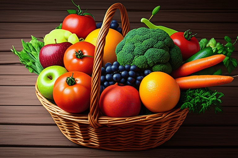 Alimentação Consciente e Nutrição Cesta de frutas e legumes frescos em uma mesa de madeira