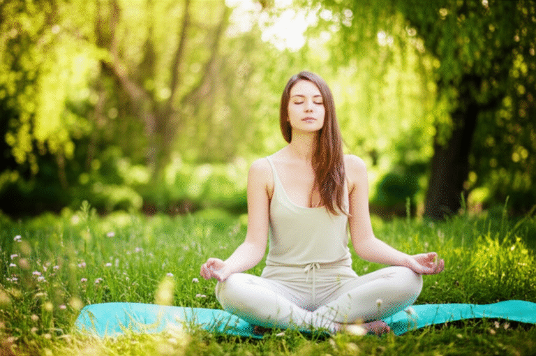 Mulher meditando em meio à natureza, praticando Slow Living