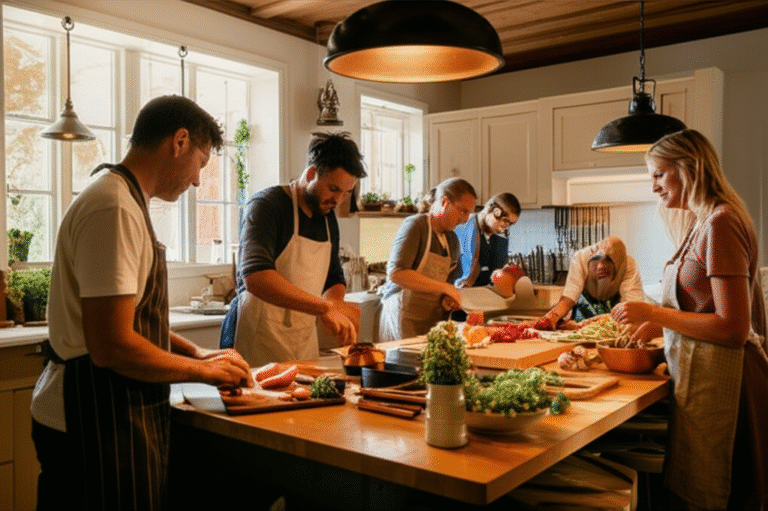 Pessoas cozinhando juntas, desfrutando de um momento Slow Living