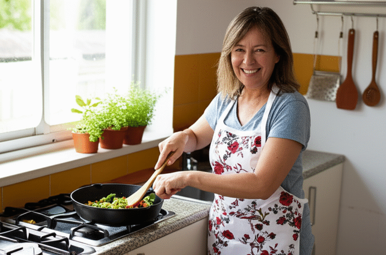 Cozinhando com prazer e sem pressão Mulher sorrindo enquanto prepara uma refeição caseira
